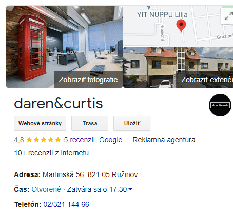 Ukážka výsledku vyhľadávania z Google My Business na vyhľadávaný dopyt „daren&curtis“.